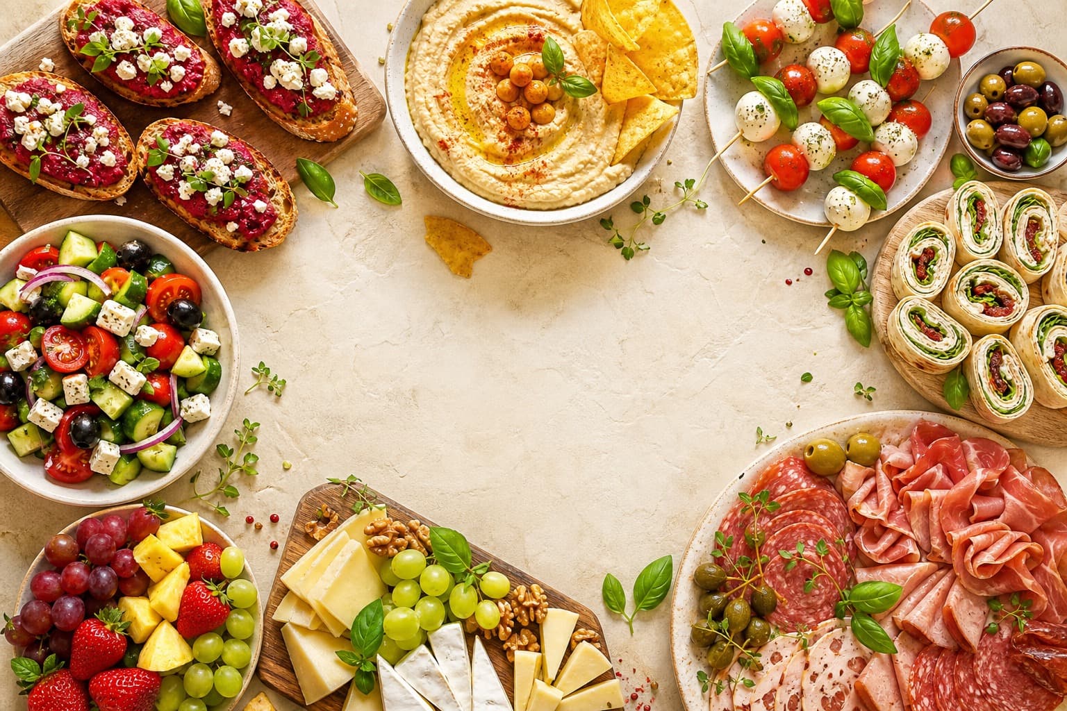 Catering food selection arranged on a white background