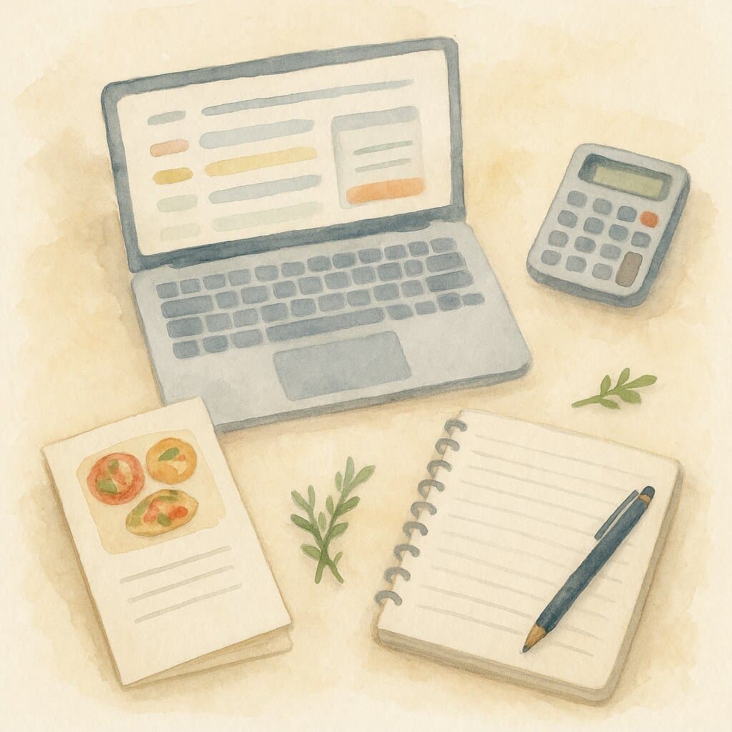 Osoba sestavuje cateringové menu v online kalkulačce na notebooku