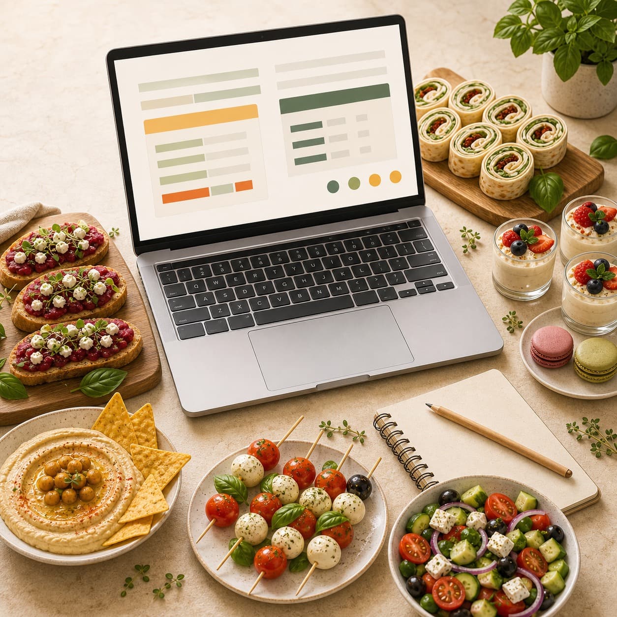 Person building a catering menu in an online calculator on a laptop