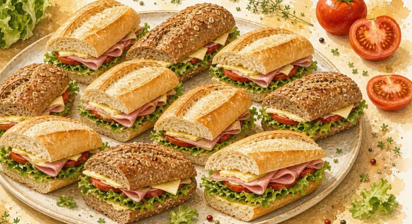 White/wholegrain baguette - ham, cheese, butter, lettuce, tomato from the Filled Baguettes & Sandwiches menu by Fudík catering 4