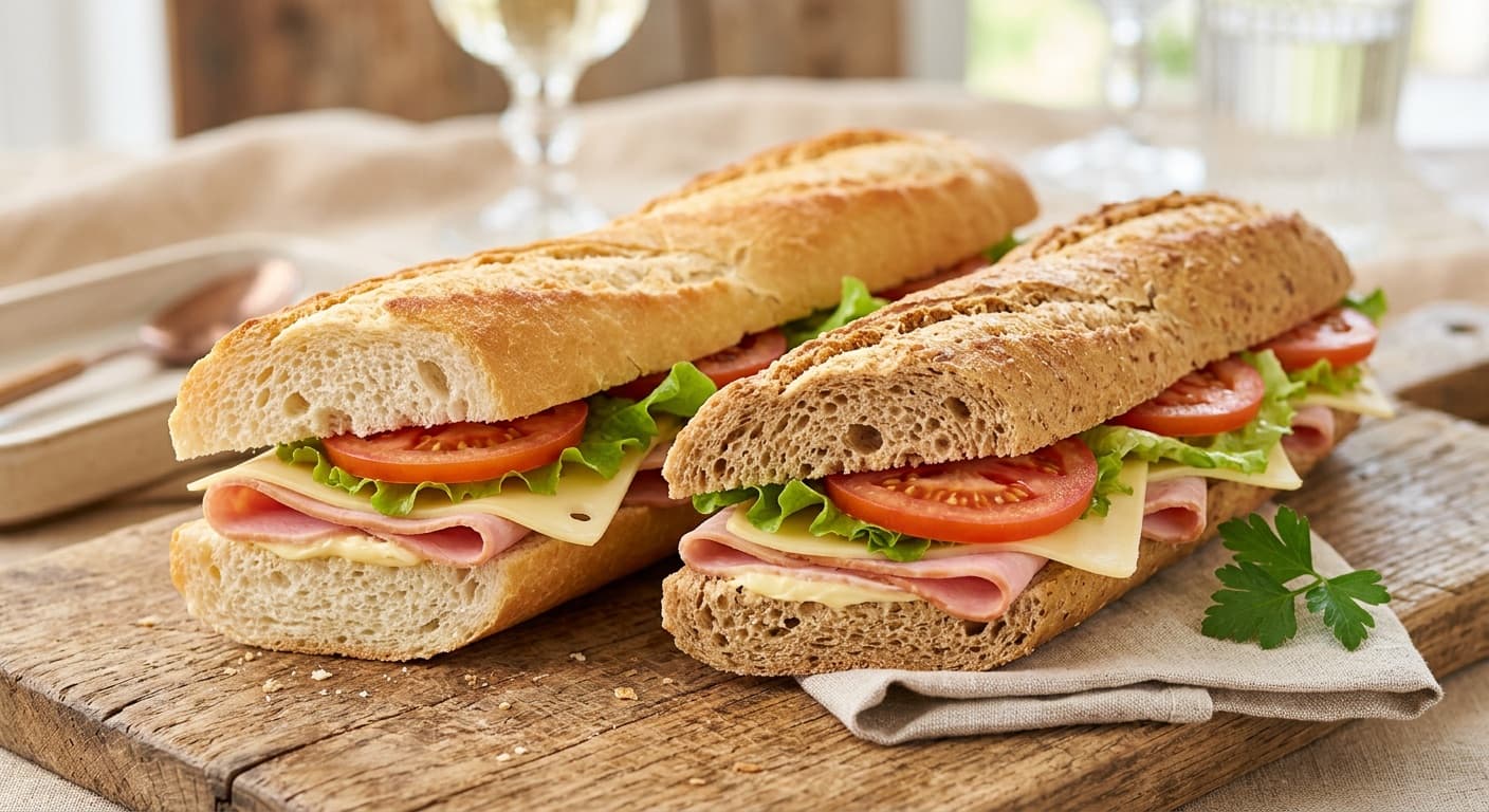Filled Baguettes & Sandwiches: White/wholegrain baguette - ham, cheese, butter, lettuce, tomato