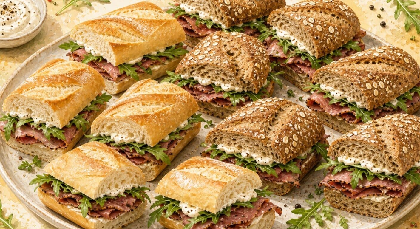 White/wholegrain baguette - beef roast beef, arugula, pepper mayonnaise from the Filled Baguettes & Sandwiches menu by Fudík catering 2