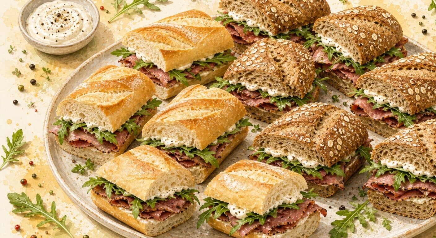 White/wholegrain baguette - beef roast beef, arugula, pepper mayonnaise from the Filled Baguettes & Sandwiches menu by Fudík catering 3