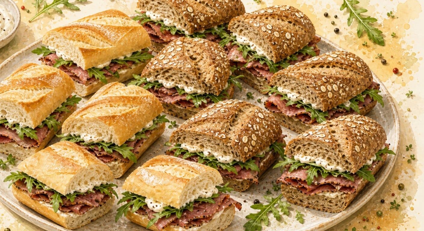 White/wholegrain baguette - beef roast beef, arugula, pepper mayonnaise from the Filled Baguettes & Sandwiches menu by Fudík catering 4