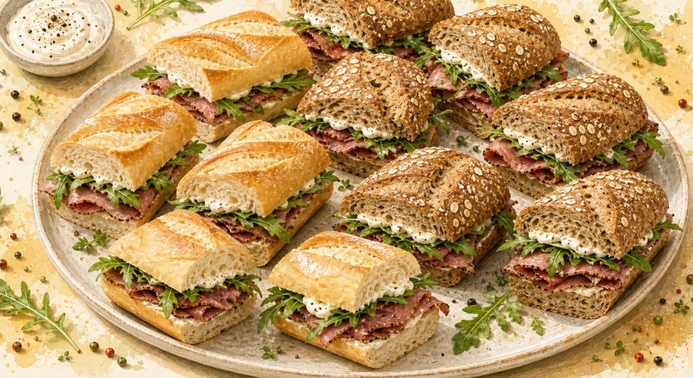 White/wholegrain baguette - beef roast beef, arugula, pepper mayonnaise from the Filled Baguettes & Sandwiches menu by Fudík catering 5
