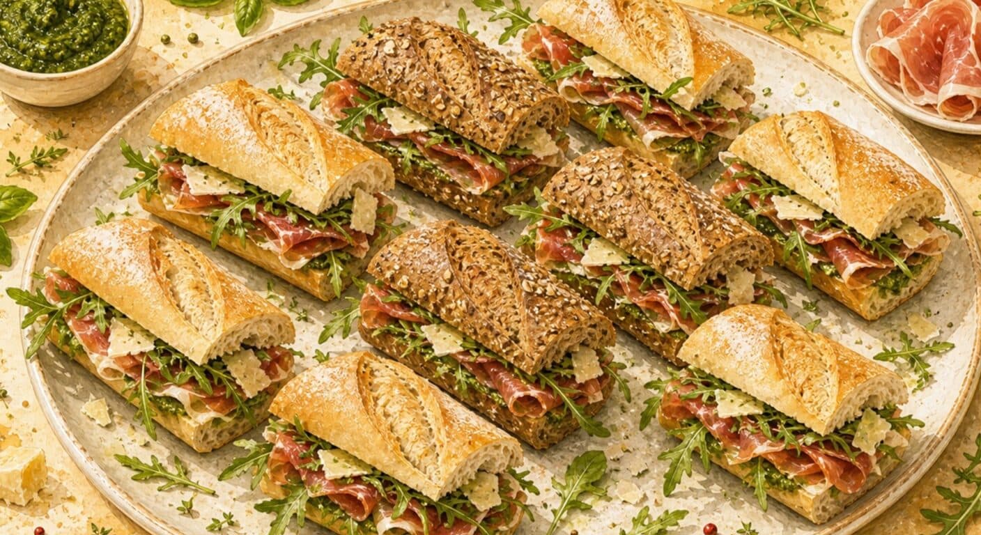 Bageta světlá/celozrná - prosciutto, parmezán, rukola, bylinkové pesto z nabídky Obložené bagety a sendviče od Fudík catering 2