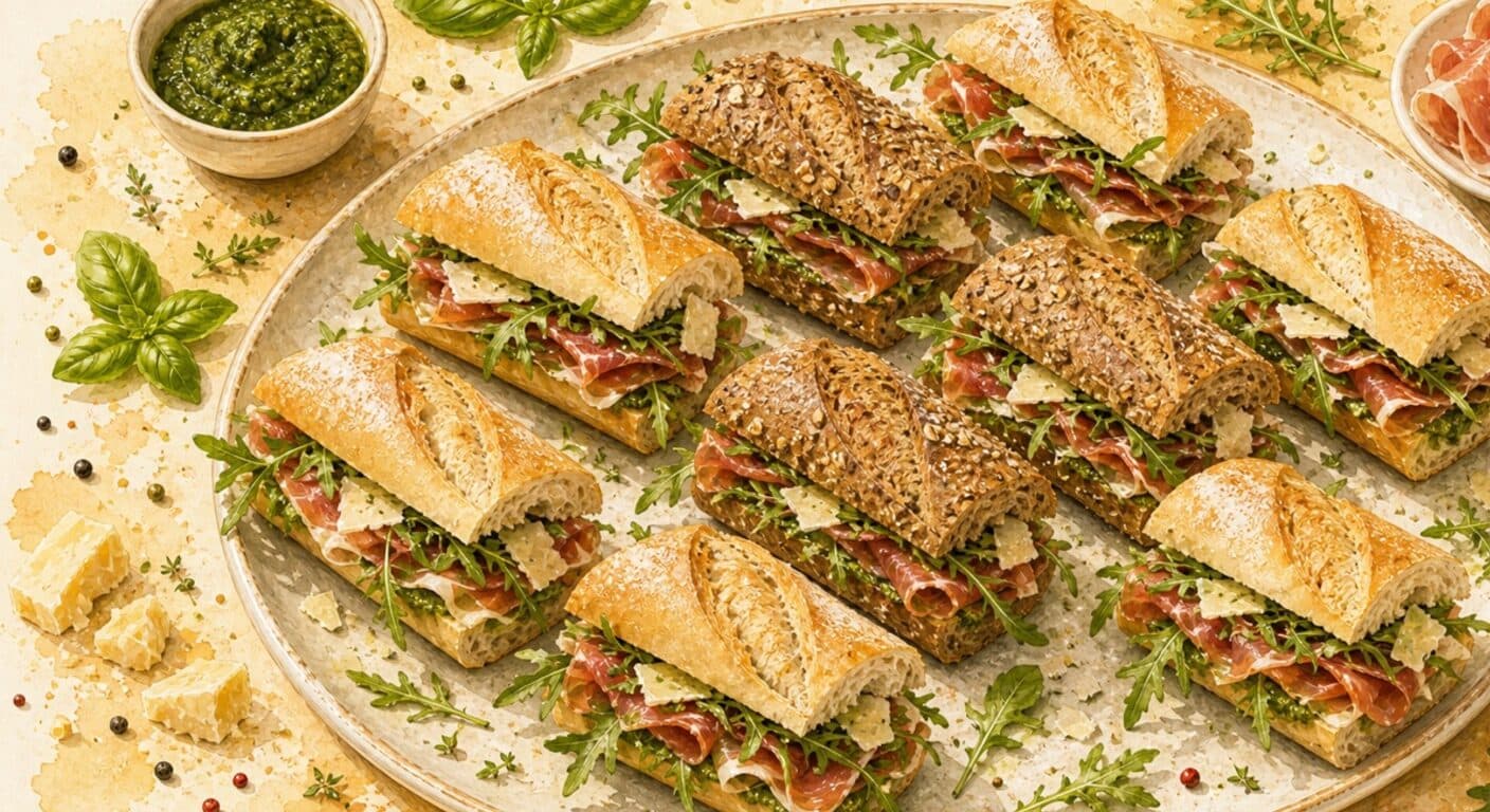 Bageta světlá/celozrná - prosciutto, parmezán, rukola, bylinkové pesto z nabídky Obložené bagety a sendviče od Fudík catering 3