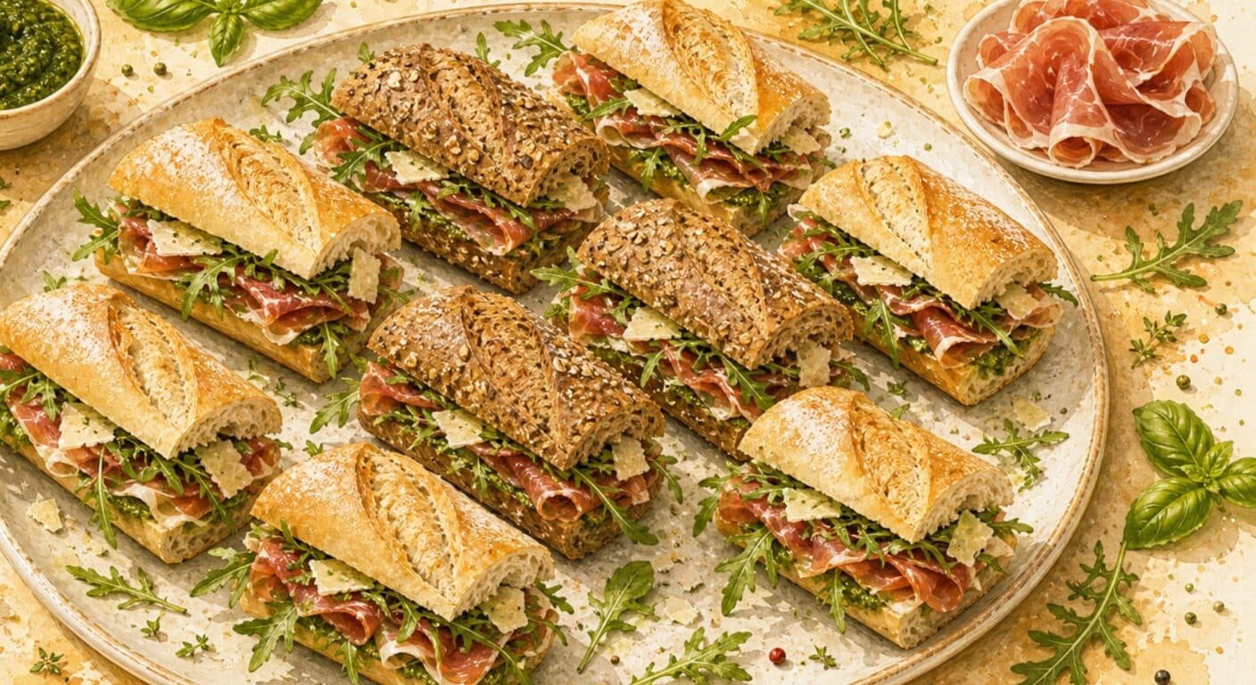 Bageta světlá/celozrná - prosciutto, parmezán, rukola, bylinkové pesto z nabídky Obložené bagety a sendviče od Fudík catering 4