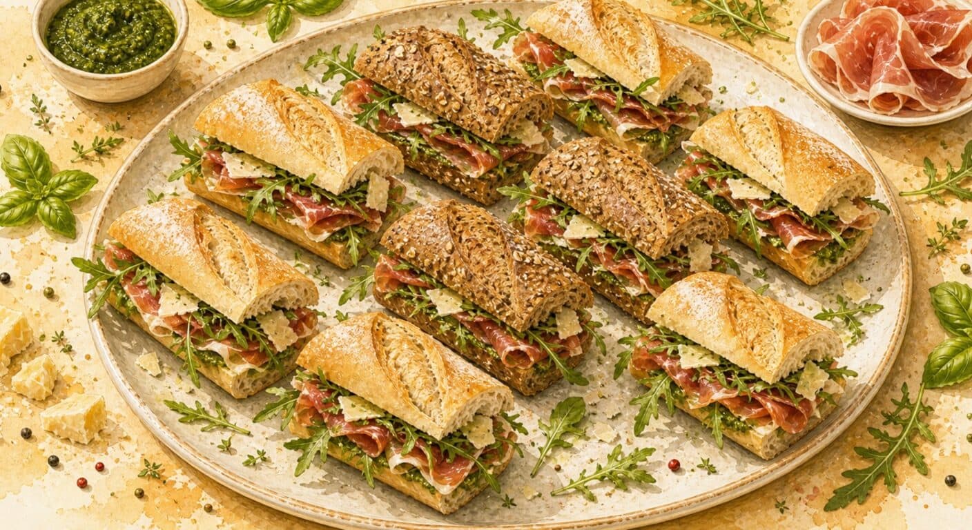 Bageta světlá/celozrná - prosciutto, parmezán, rukola, bylinkové pesto z nabídky Obložené bagety a sendviče od Fudík catering 5