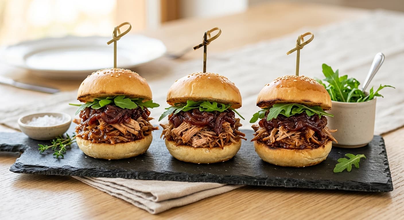 Burgers, Wraps, Quesadillas & Hot Dogs: Mini pulled pork burger with arugula and onion jam