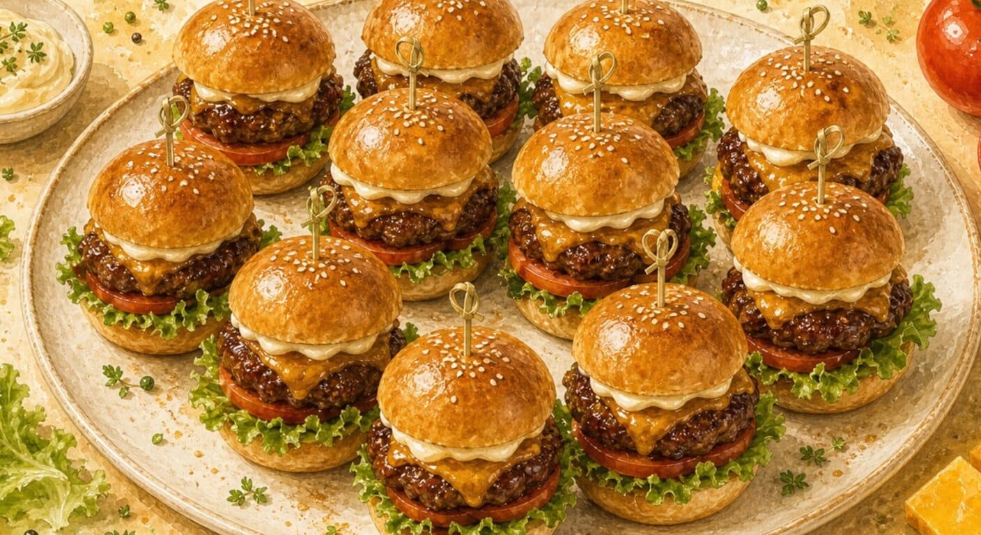 Mini BBQ beef burger, cheddar, lettuce, tomato, mayo from the Burgers, Wraps, Quesadillas & Hot Dogs menu by Fudík catering 2