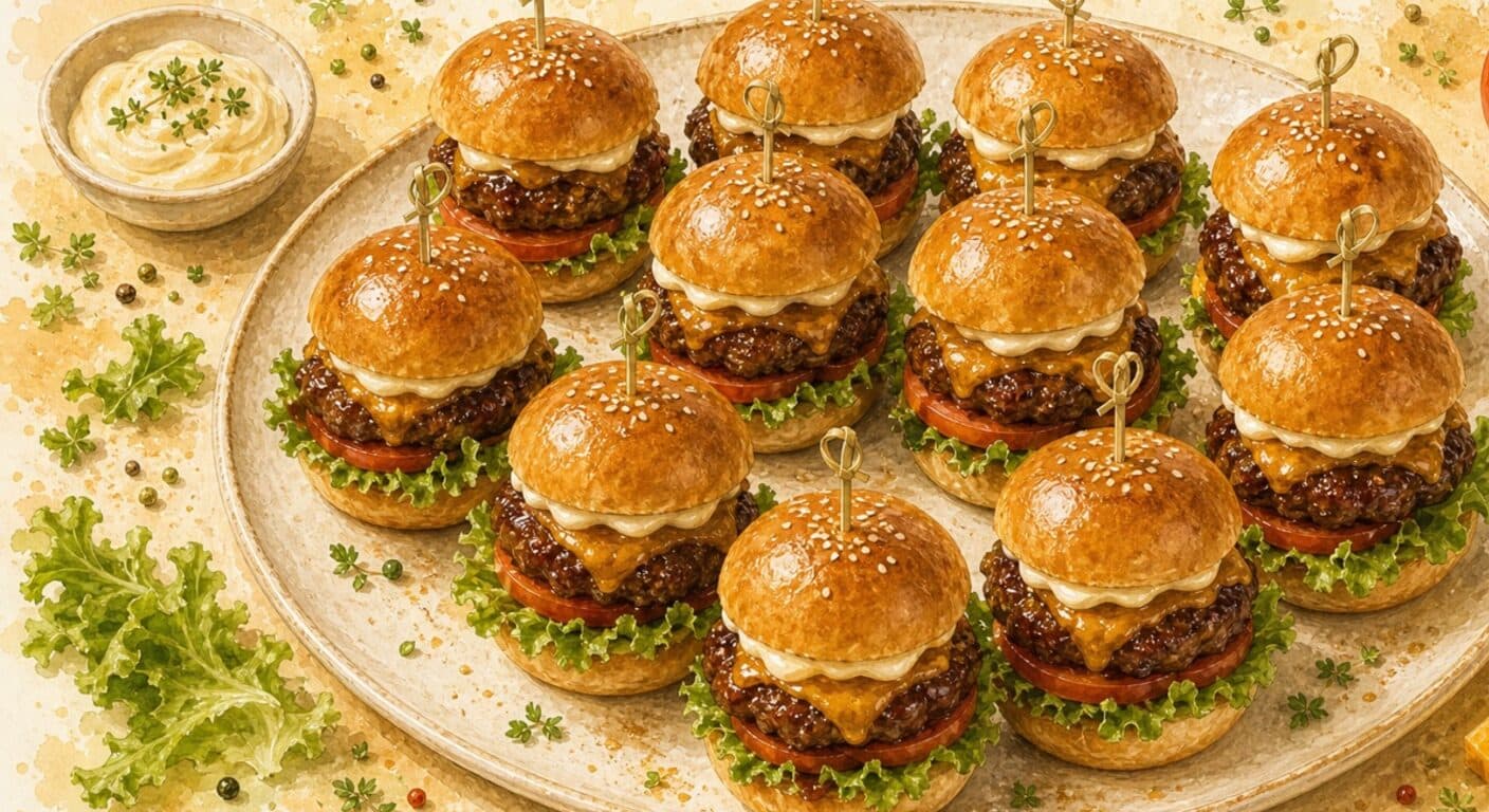 Mini BBQ beef burger, cheddar, lettuce, tomato, mayo from the Burgers, Wraps, Quesadillas & Hot Dogs menu by Fudík catering 3