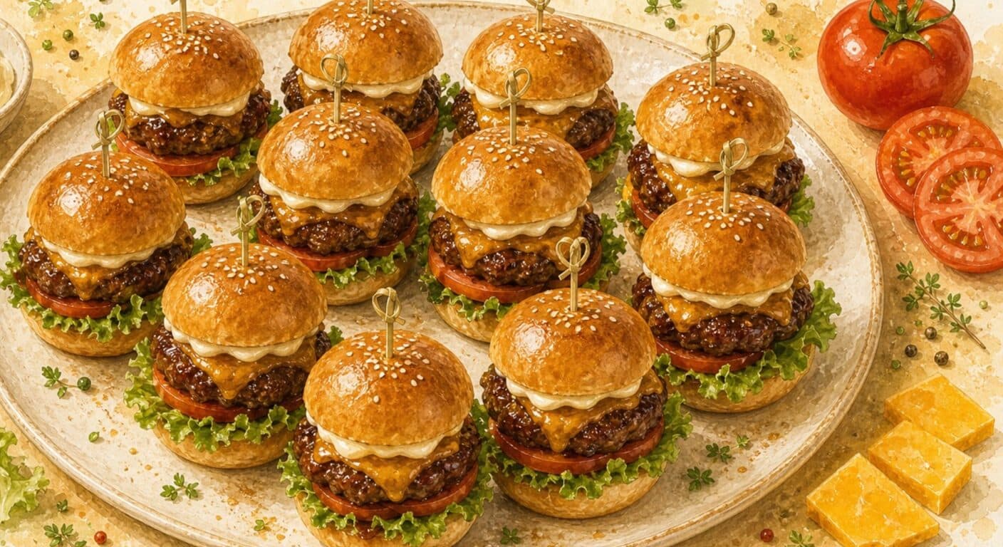 Mini BBQ beef burger, cheddar, lettuce, tomato, mayo from the Burgers, Wraps, Quesadillas & Hot Dogs menu by Fudík catering 4