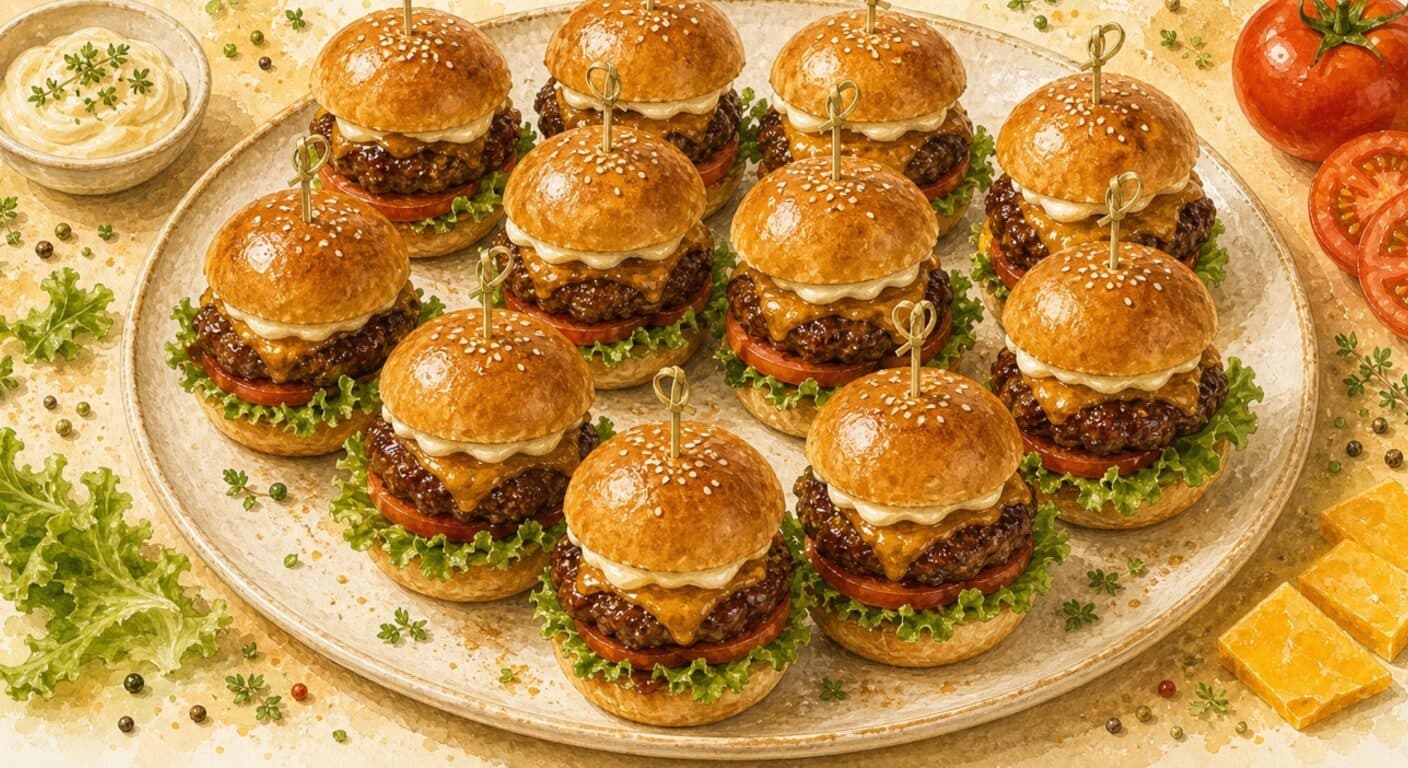 Mini BBQ beef burger, cheddar, lettuce, tomato, mayo from the Burgers, Wraps, Quesadillas & Hot Dogs menu by Fudík catering 5