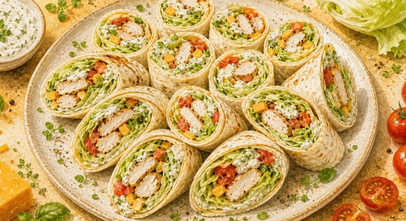 WRAP chicken, cheddar, iceberg, tomato, herb dip from the Burgers, Wraps, Quesadillas & Hot Dogs menu by Fudík catering 2