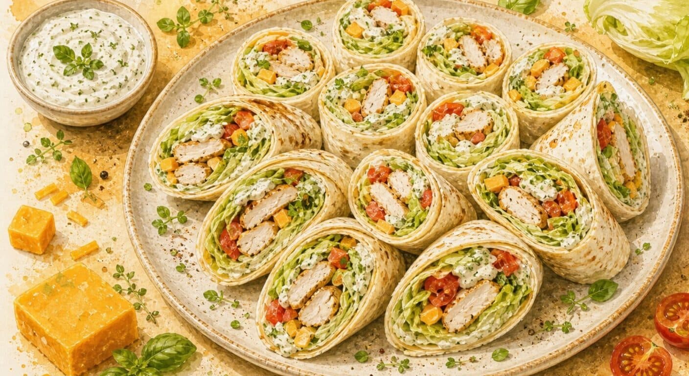 WRAP chicken, cheddar, iceberg, tomato, herb dip from the Burgers, Wraps, Quesadillas & Hot Dogs menu by Fudík catering 3
