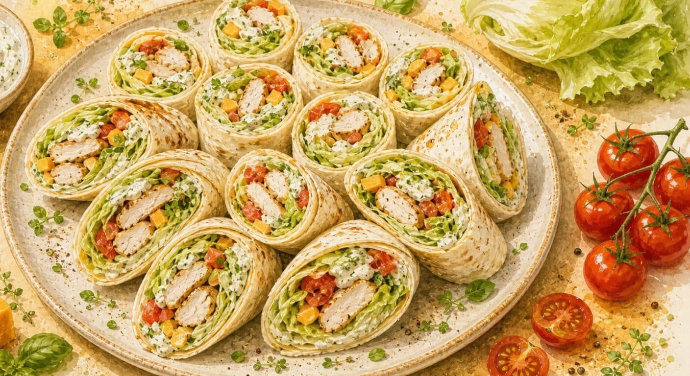 WRAP chicken, cheddar, iceberg, tomato, herb dip from the Burgers, Wraps, Quesadillas & Hot Dogs menu by Fudík catering 4
