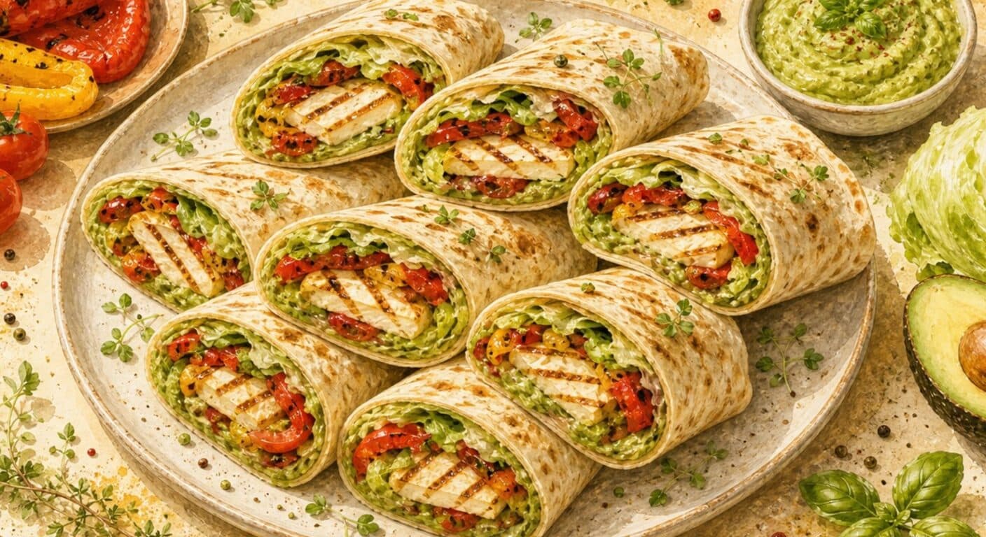 WRAP grilled halloumi, iceberg, grilled pepper, tomato, avocado dip from the Burgers, Wraps, Quesadillas & Hot Dogs menu by Fudík catering 2
