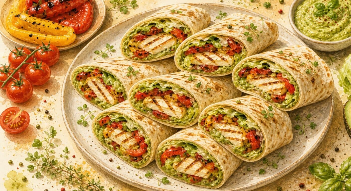 WRAP grilled halloumi, iceberg, grilled pepper, tomato, avocado dip from the Burgers, Wraps, Quesadillas & Hot Dogs menu by Fudík catering 3