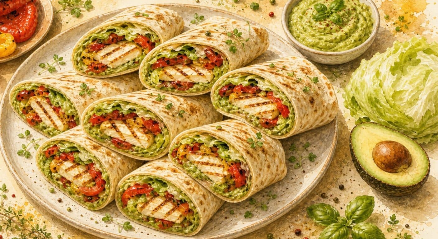 WRAP grilled halloumi, iceberg, grilled pepper, tomato, avocado dip from the Burgers, Wraps, Quesadillas & Hot Dogs menu by Fudík catering 4