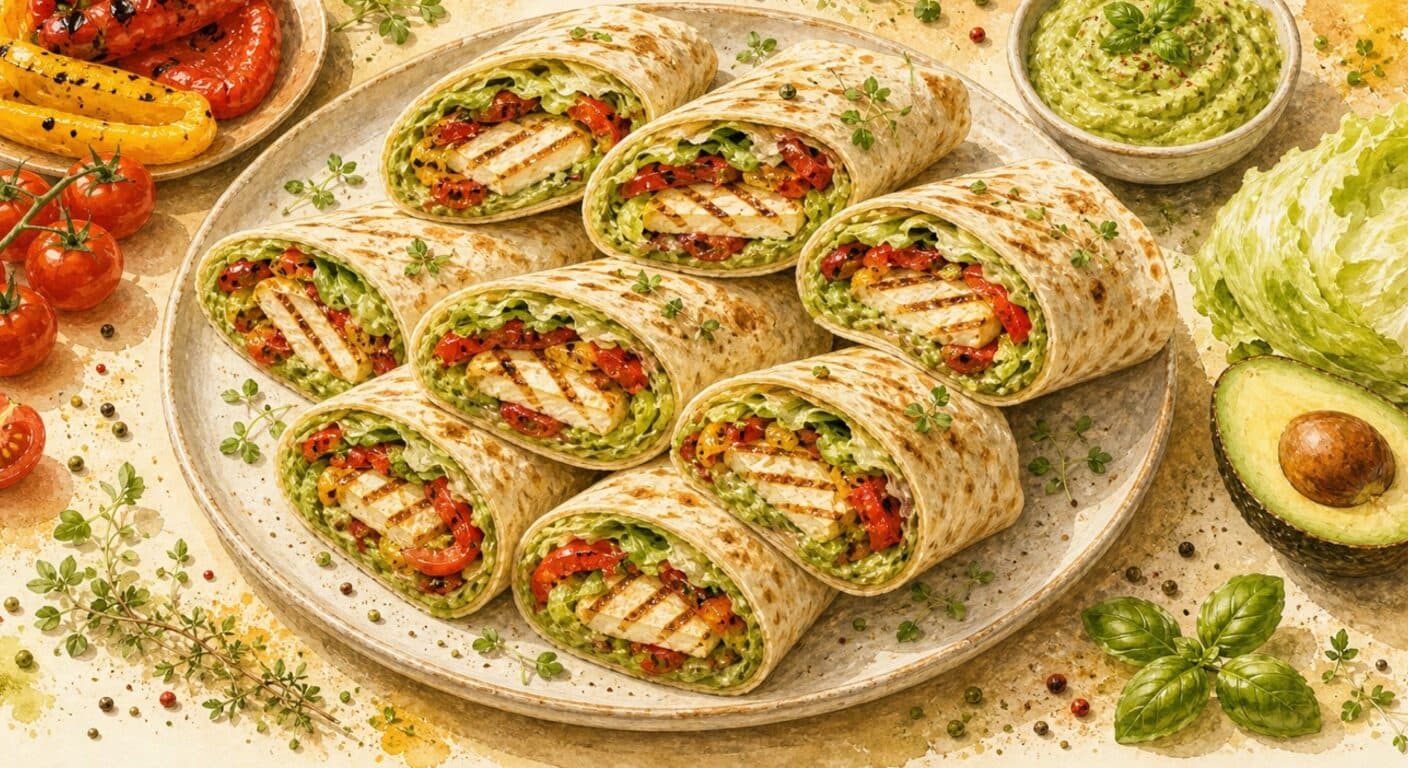 WRAP grilled halloumi, iceberg, grilled pepper, tomato, avocado dip from the Burgers, Wraps, Quesadillas & Hot Dogs menu by Fudík catering 5