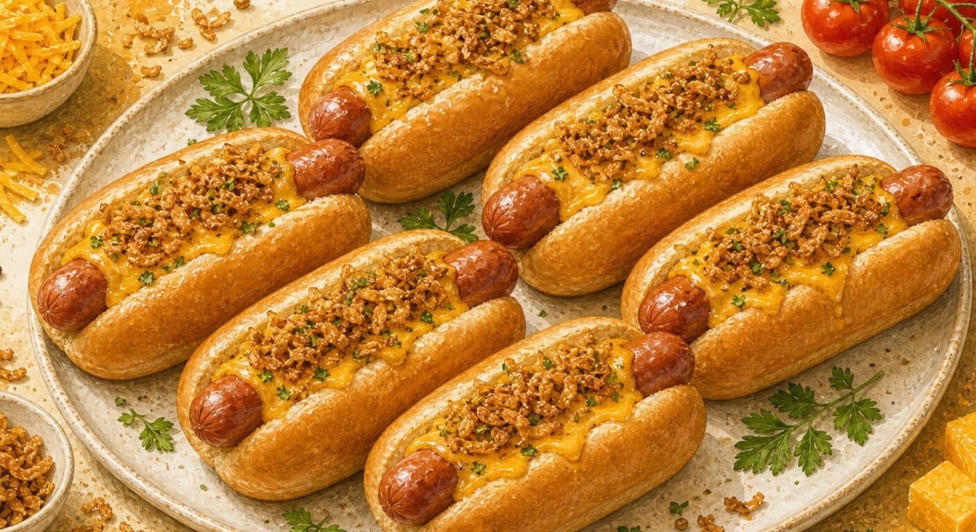 HOT-DOG bun, sausage, cheddar, fried onion from the Burgers, Wraps, Quesadillas & Hot Dogs menu by Fudík catering 2