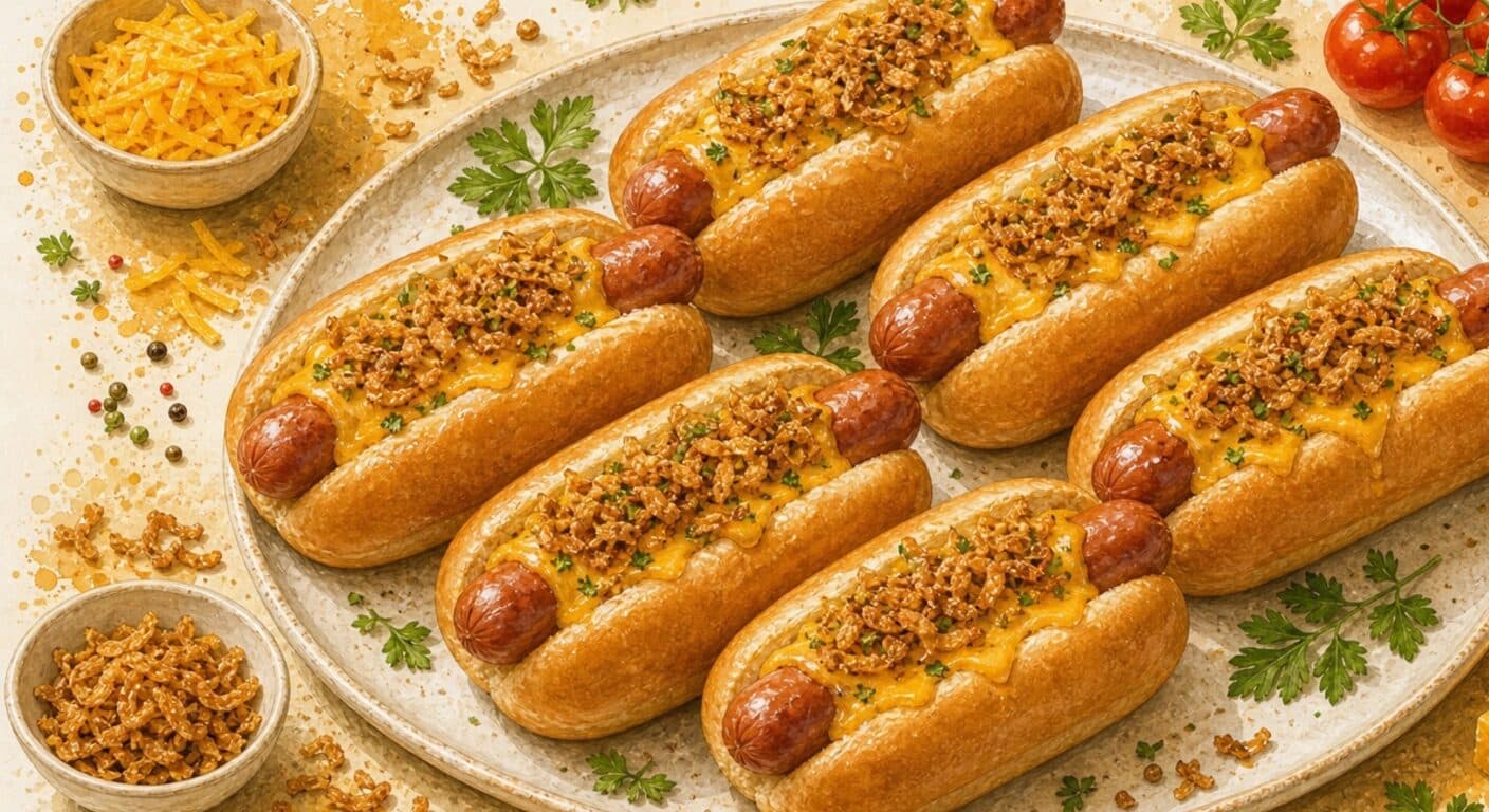 HOT-DOG bun, sausage, cheddar, fried onion from the Burgers, Wraps, Quesadillas & Hot Dogs menu by Fudík catering 3