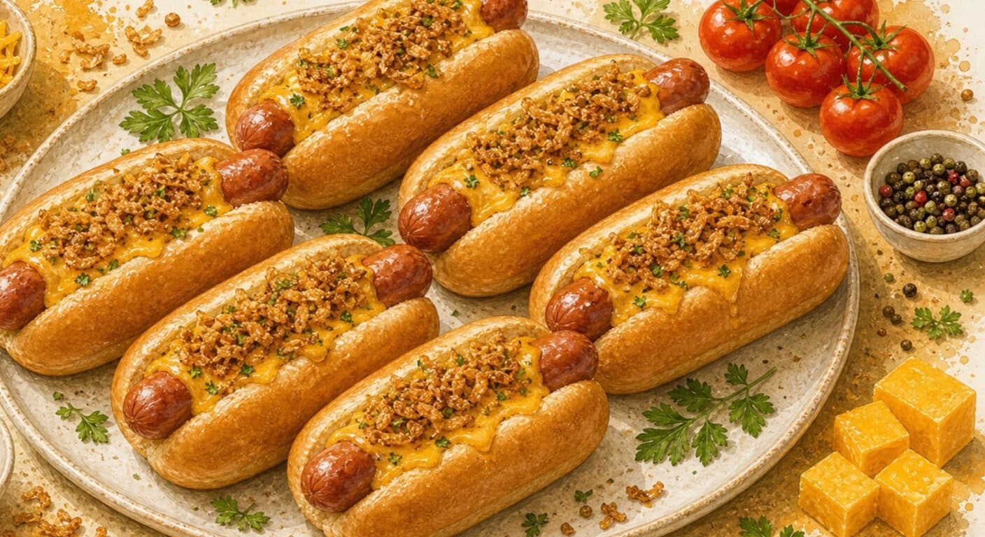 HOT-DOG bun, sausage, cheddar, fried onion from the Burgers, Wraps, Quesadillas & Hot Dogs menu by Fudík catering 4