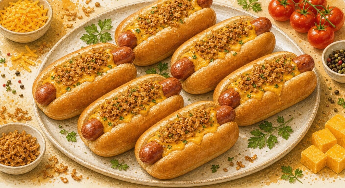 HOT-DOG bun, sausage, cheddar, fried onion from the Burgers, Wraps, Quesadillas & Hot Dogs menu by Fudík catering 5