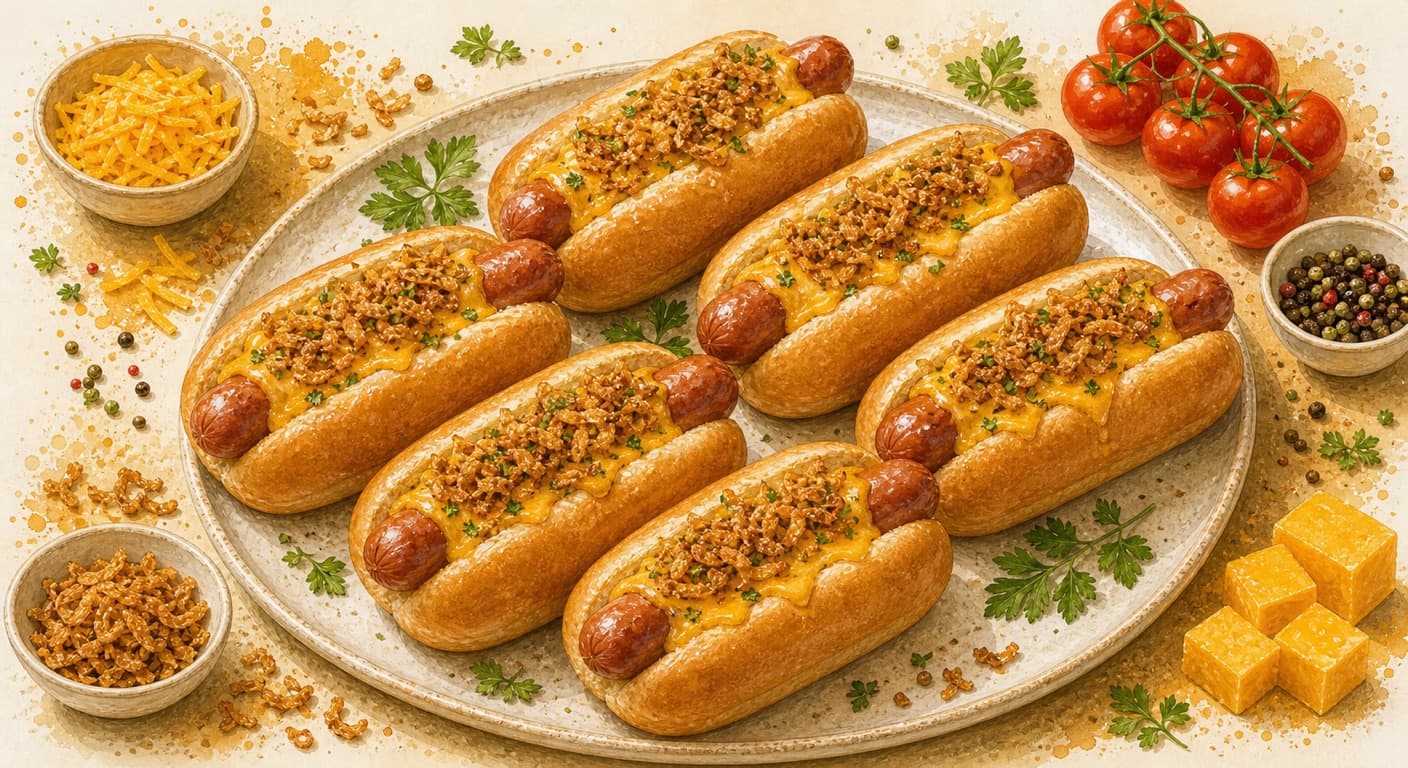 Свіжоприготована страва HOT-DOG булка, сосиска, чедер, смажена цибуля з меню Бургери, врапи, кесадильї та хот-доги для кейтерингу в Празі