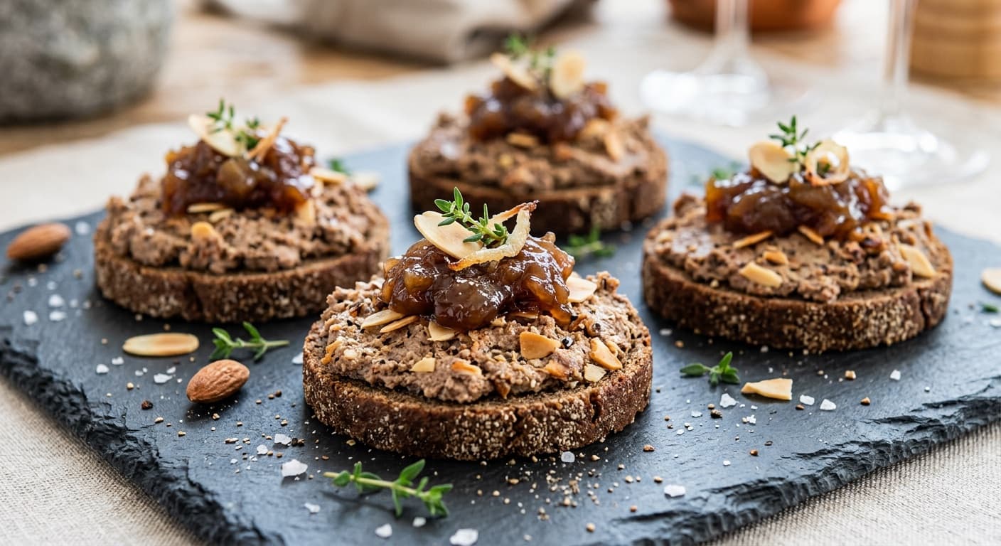 Meat: Rye bread with homemade pâté with almonds and apple onion jam