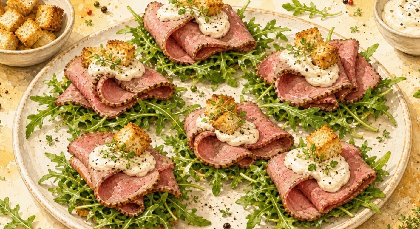 Roast beef on arugula salad with pepper mayo and bread crouton from the Meat menu by Fudík catering 2