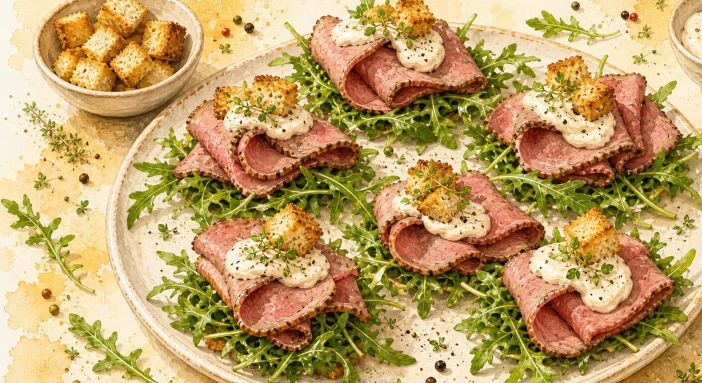Roast beef on arugula salad with pepper mayo and bread crouton from the Meat menu by Fudík catering 3