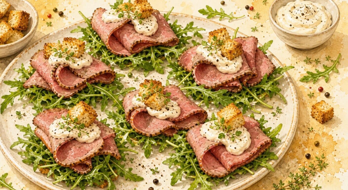 Roast beef on arugula salad with pepper mayo and bread crouton from the Meat menu by Fudík catering 4