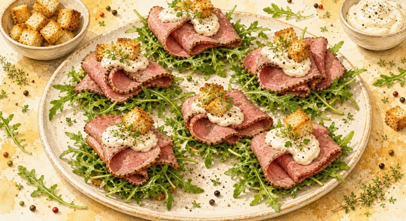 Roast beef on arugula salad with pepper mayo and bread crouton from the Meat menu by Fudík catering 5