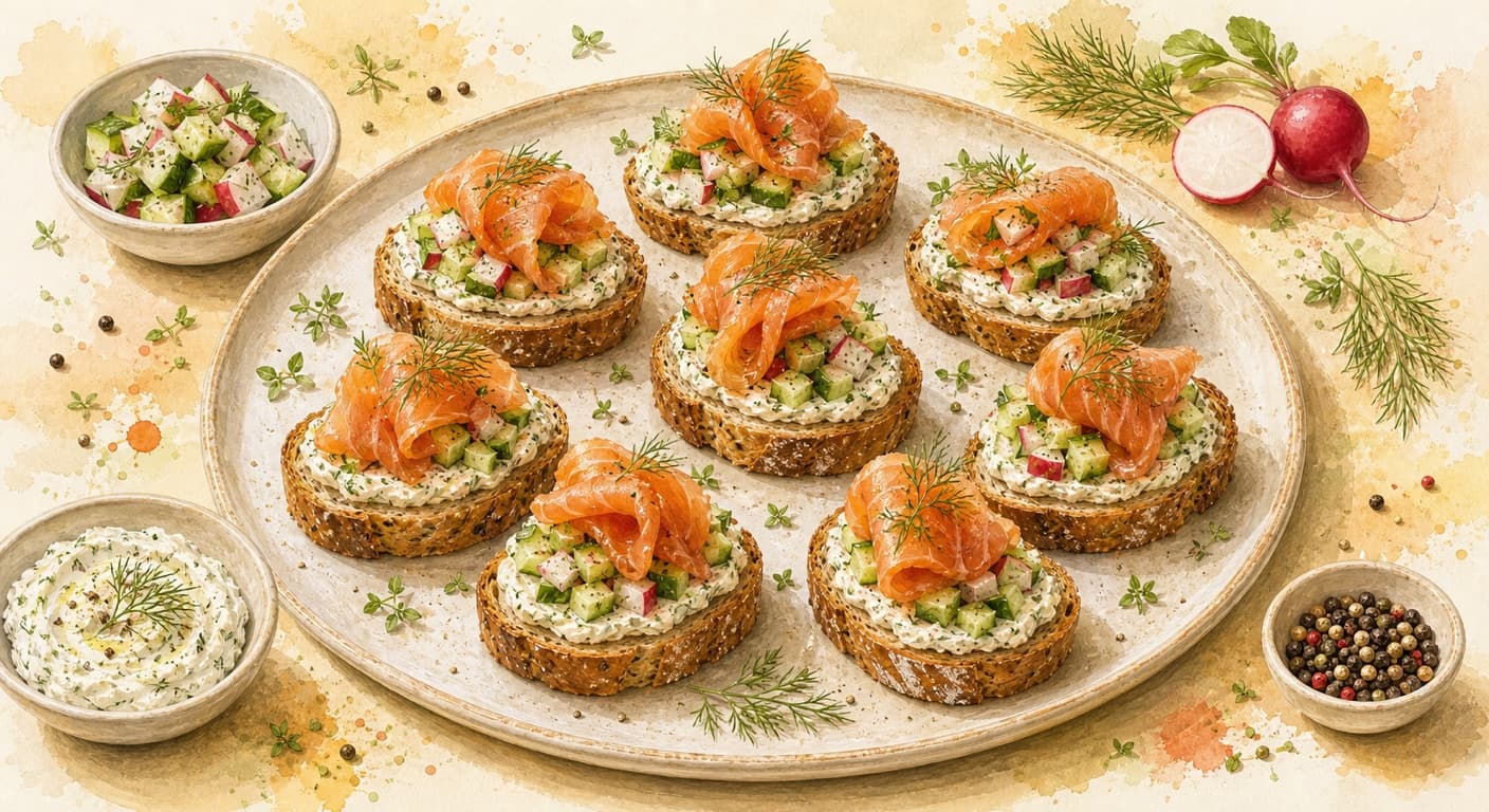 Cucumber salsa with radishes, smoked salmon and dill cream cheese from the Meat menu by Fudík catering