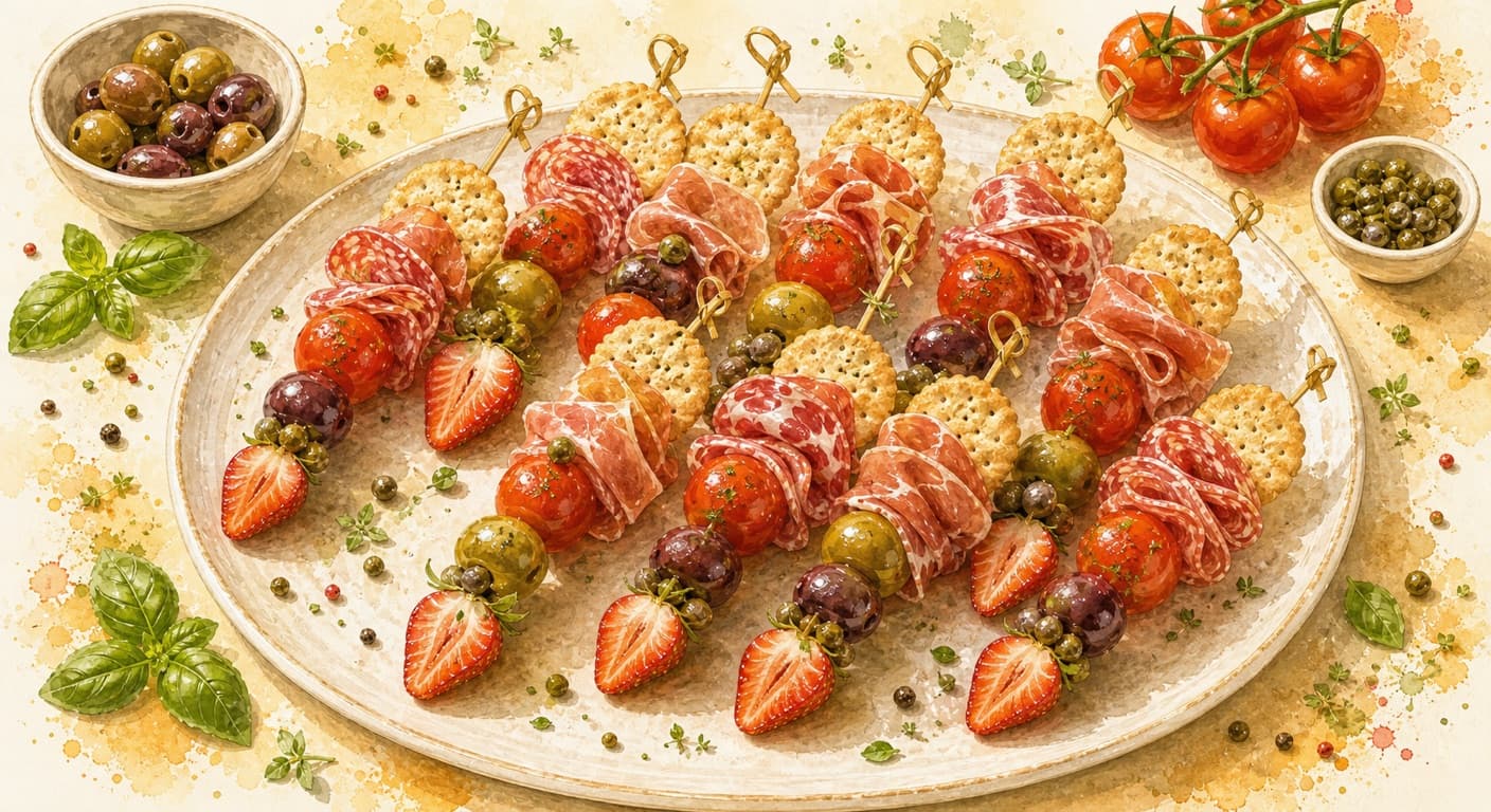 Mini skewer with Italian cold cuts, cherry tomatoes, olives, capers, cracker and strawberry from the Meat menu by Fudík catering