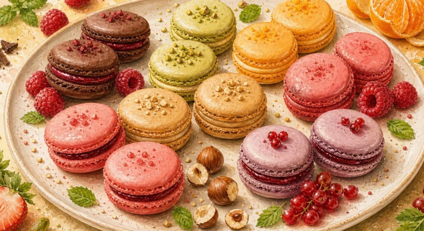 Makronky - čokomalinová, pistáciová, mandarinková, malinová, lískooříšková, jahodová, rybízová z nabídky Sladké od Fudík catering 2