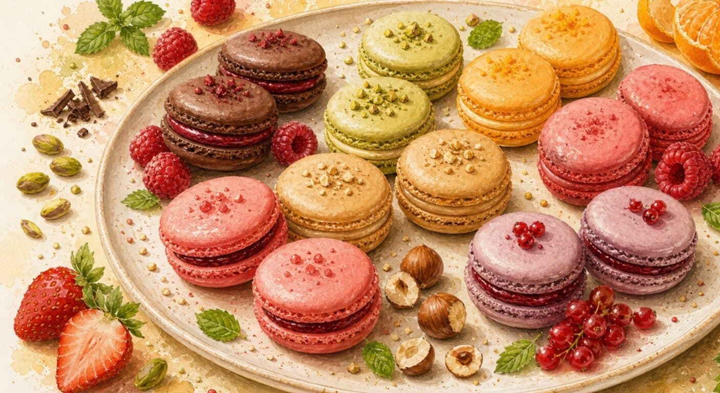 Makronky - čokomalinová, pistáciová, mandarinková, malinová, lískooříšková, jahodová, rybízová z nabídky Sladké od Fudík catering 3