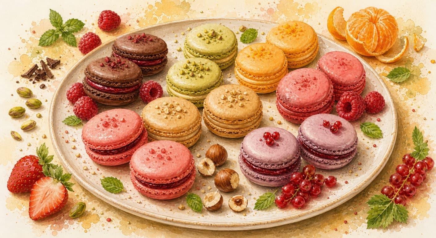 Macarons - chocolate-raspberry, pistachio, mandarin, raspberry, hazelnut, strawberry, redcurrant from the Sweet menu by Fudík catering