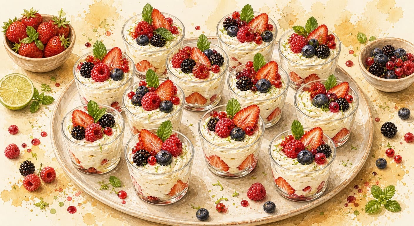 Whipped lime mascarpone with strawberries / forest fruits from the Sweet menu by Fudík catering