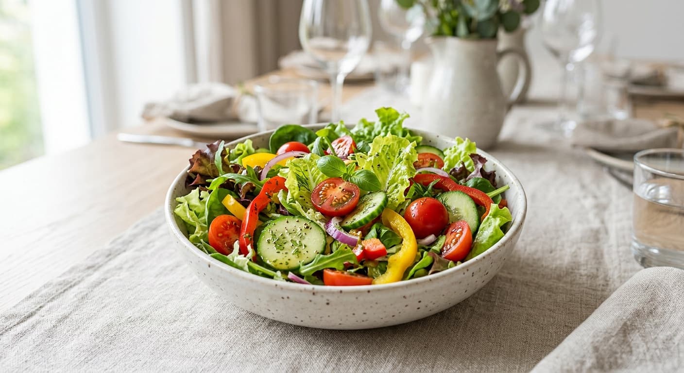 Appetizers & Salads: Mixed salad - lettuce mix, tomato, cucumber, pepper, vinaigrette