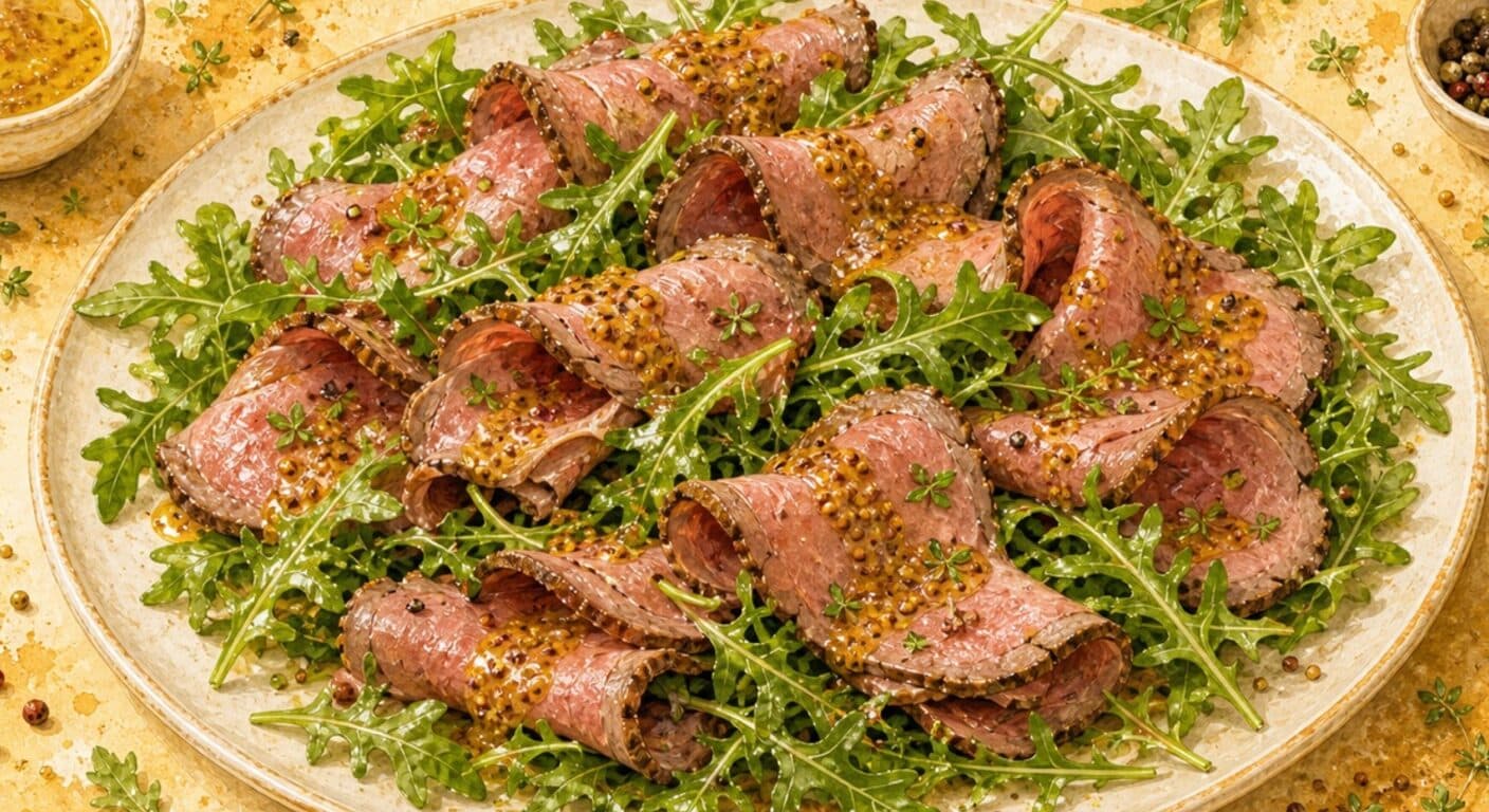 Roast beef on arugula with honey-mustard dressing from the Appetizers & Salads menu by Fudík catering 2