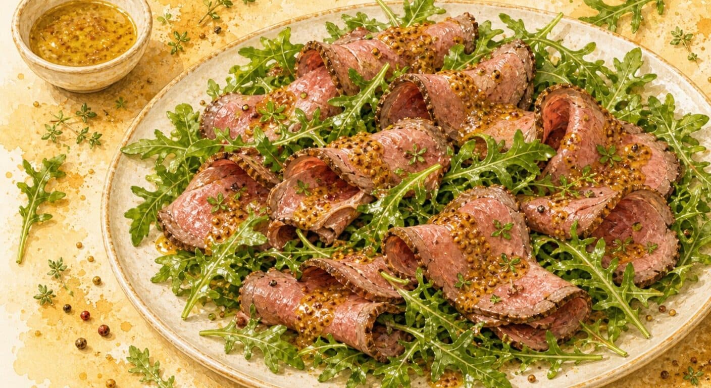 Roast beef on arugula with honey-mustard dressing from the Appetizers & Salads menu by Fudík catering 3