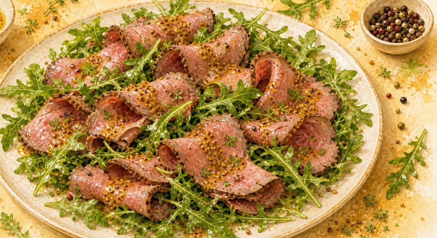 Roast beef on arugula with honey-mustard dressing from the Appetizers & Salads menu by Fudík catering 4