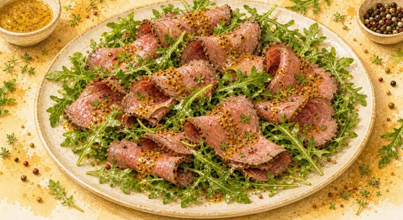 Roast beef on arugula with honey-mustard dressing from the Appetizers & Salads menu by Fudík catering 5