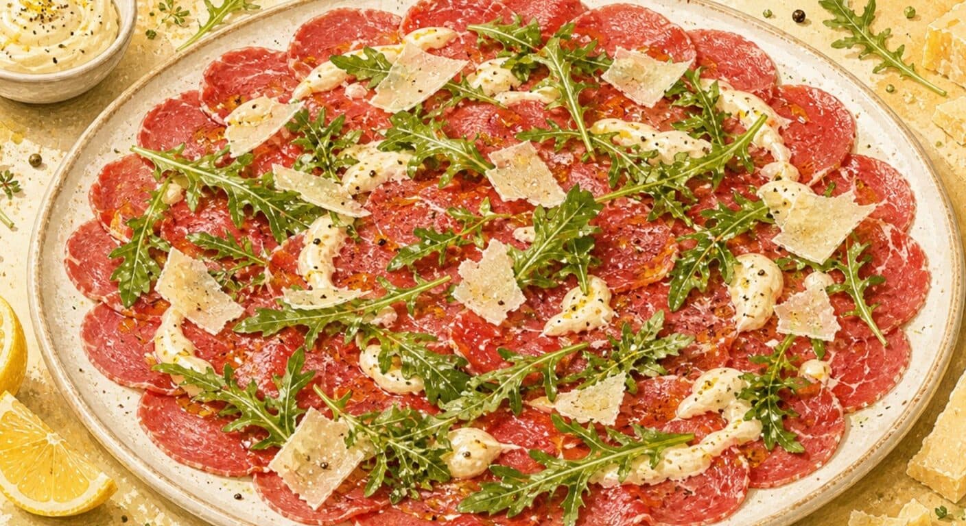 Beef carpaccio with lemon mayo, arugula, parmesan from the Appetizers & Salads menu by Fudík catering 2