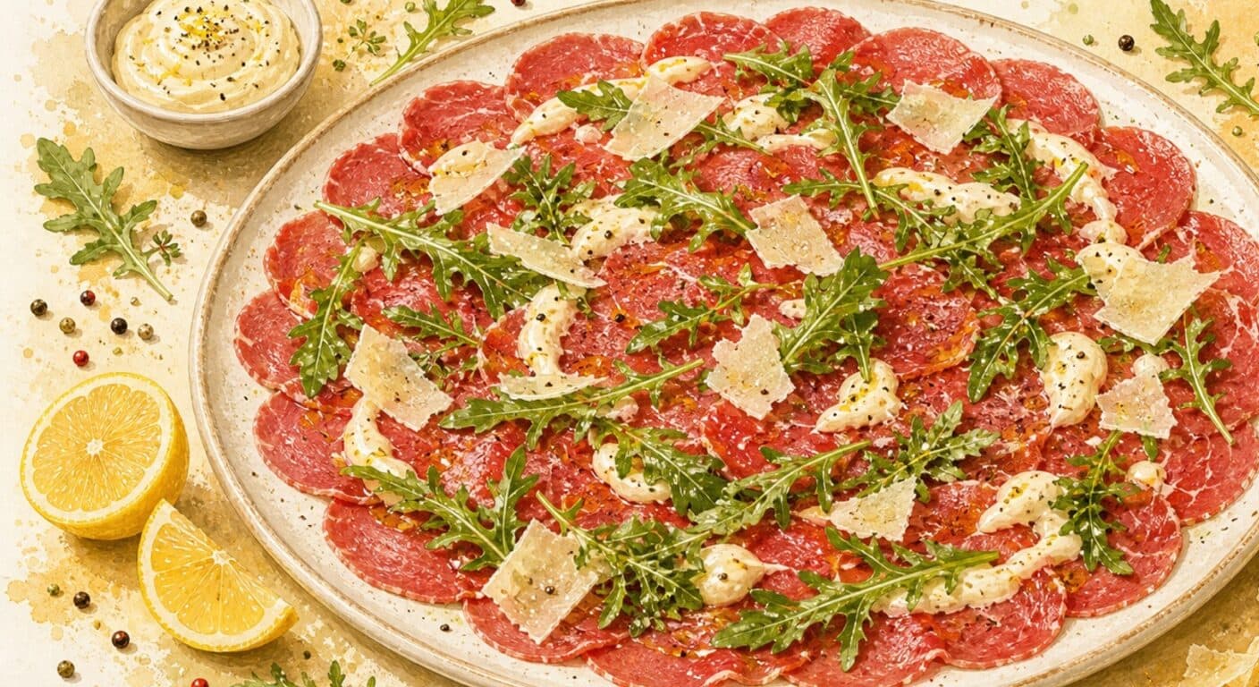 Beef carpaccio with lemon mayo, arugula, parmesan from the Appetizers & Salads menu by Fudík catering 3