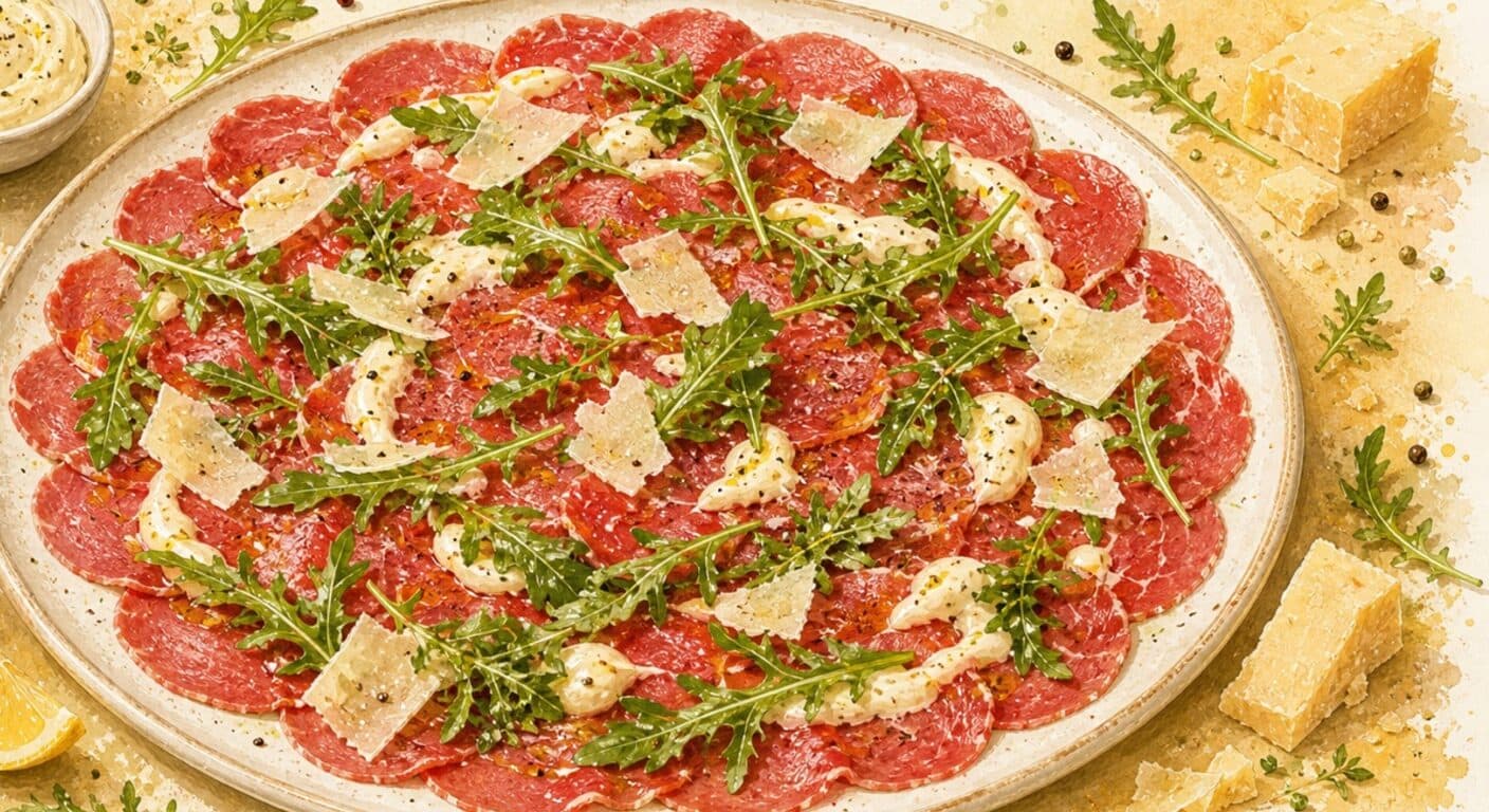 Beef carpaccio with lemon mayo, arugula, parmesan from the Appetizers & Salads menu by Fudík catering 4