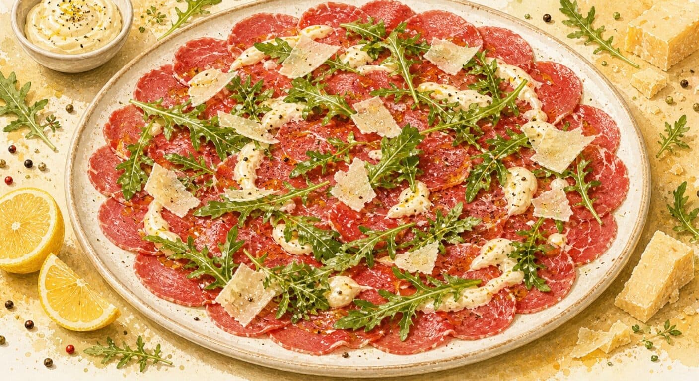 Beef carpaccio with lemon mayo, arugula, parmesan from the Appetizers & Salads menu by Fudík catering 5